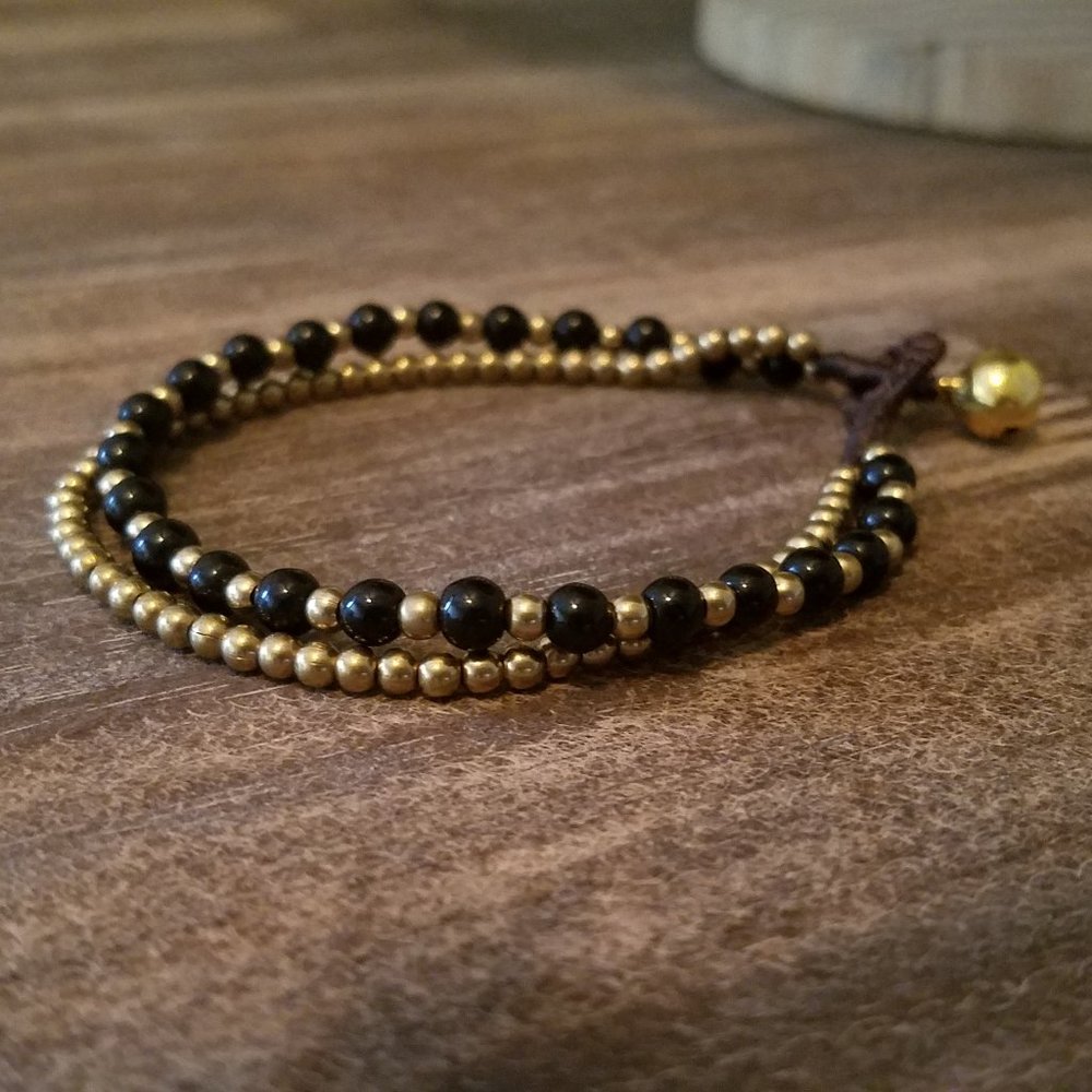 Bohemian Style Black Onyx & Brass Bead Bracelet with Thai style brass be…
